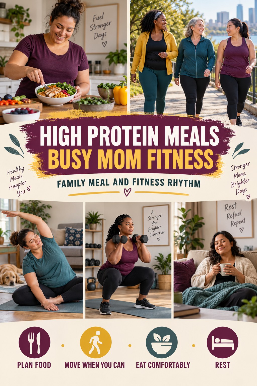 High Protein Meals busy-mom fitness graphic titled Family Meal and Fitness Rhythm with four practical movement prompts.