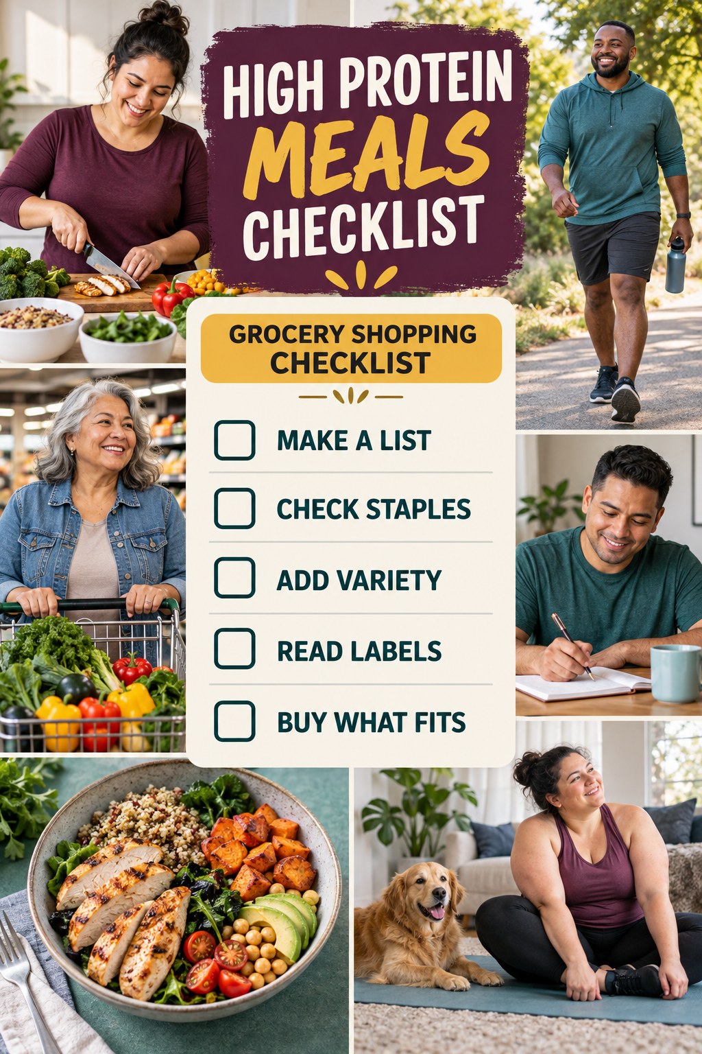 High Protein Meals checklist graphic titled Grocery Shopping Checklist with five clear practical wellness items.