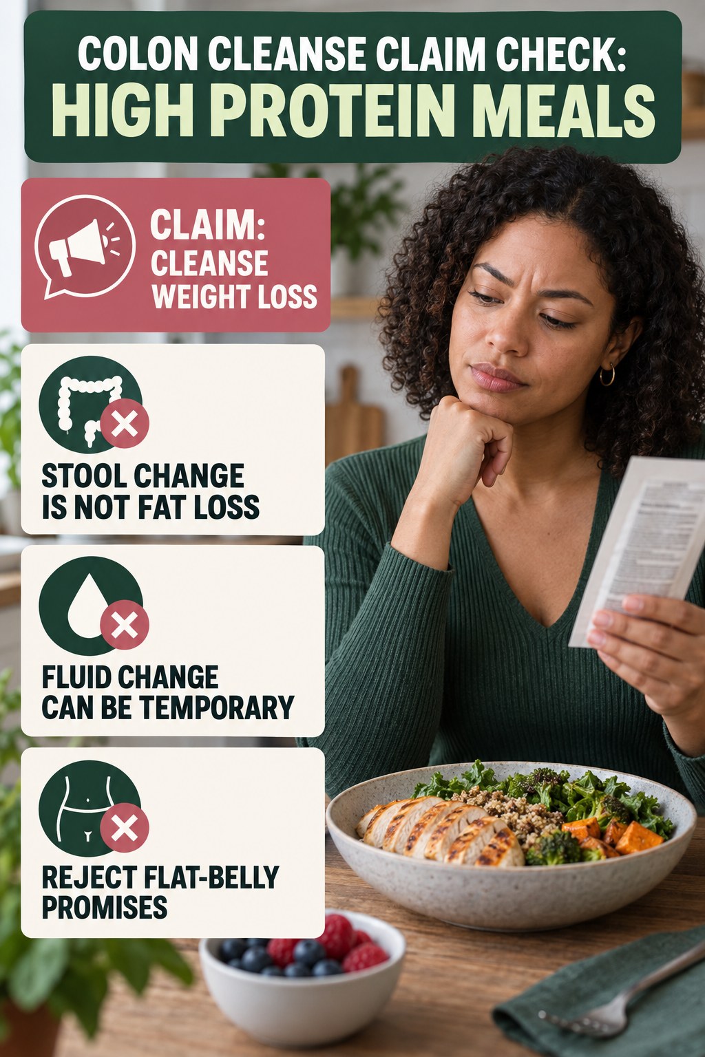 Weight-Loss and Flat-Belly Claims infographic for High Protein Meals, separating a colon-cleanse marketing claim from evidence, reasonable conclusions, and safety context.