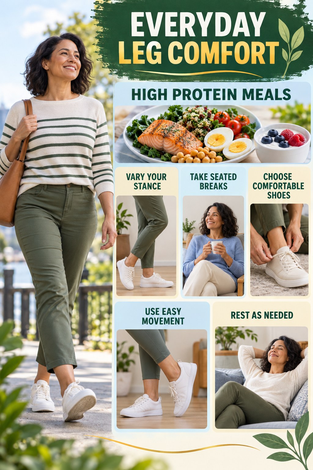 Comfort After a Day on Your Feet infographic for High Protein Meals with five gentle movement, position, footwear, recovery, or safety actions.