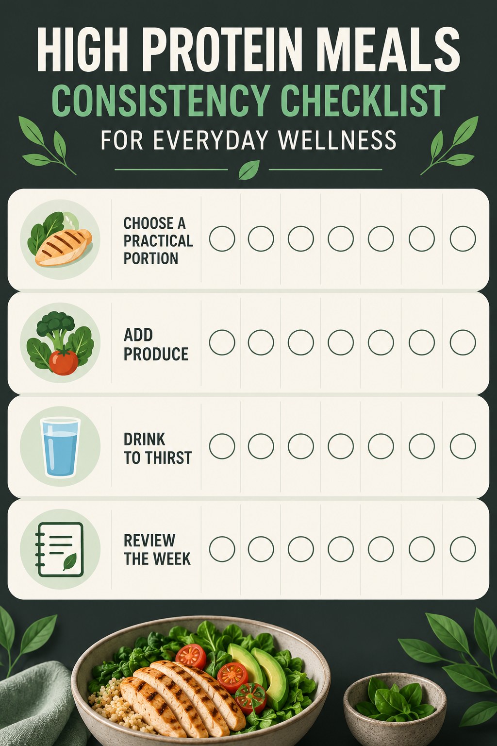 High Protein Meals Consistency Checklist for Everyday Wellness infographic with checkboxes for choose a practical portion, add produce, drink to thirst, review the week.
