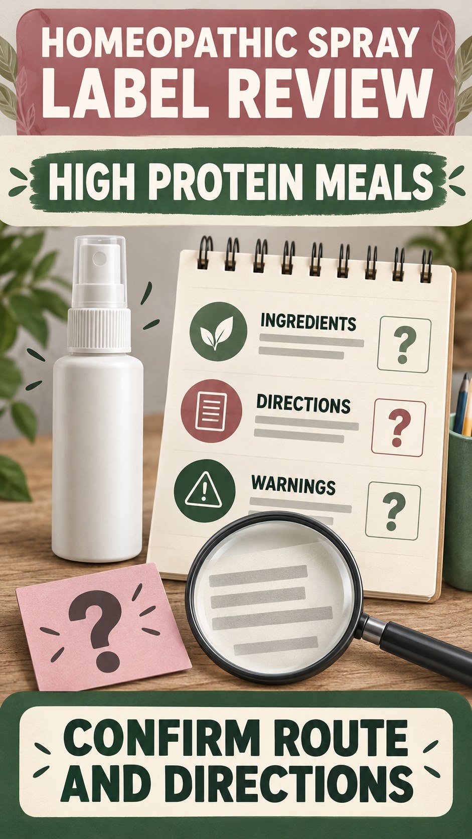 Directions and Route Review infographic for High Protein Meals, showing a generic spray-label checklist that separates available facts, missing details, and evidence questions.