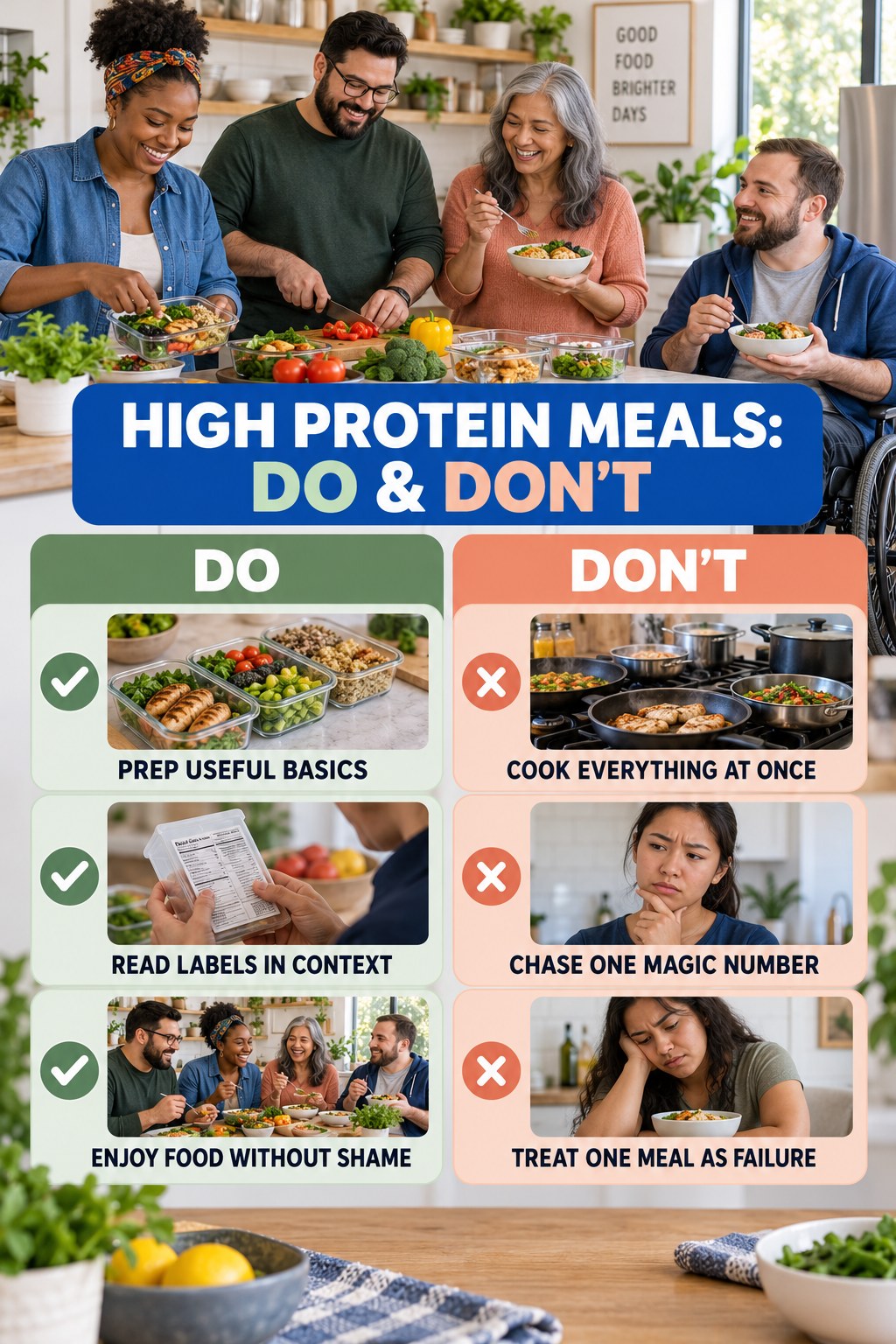 High Protein Meals Do and Don’t comparison graphic showing three practical behavior pairs for everyday meal habits.