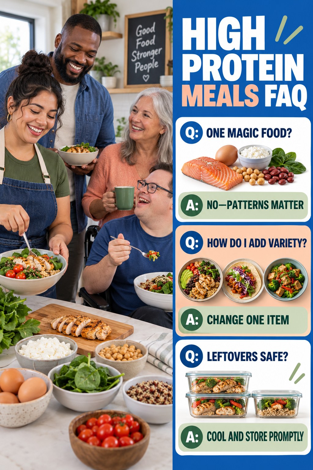 High Protein Meals FAQ graphic with three concise questions and practical answers for beginners.