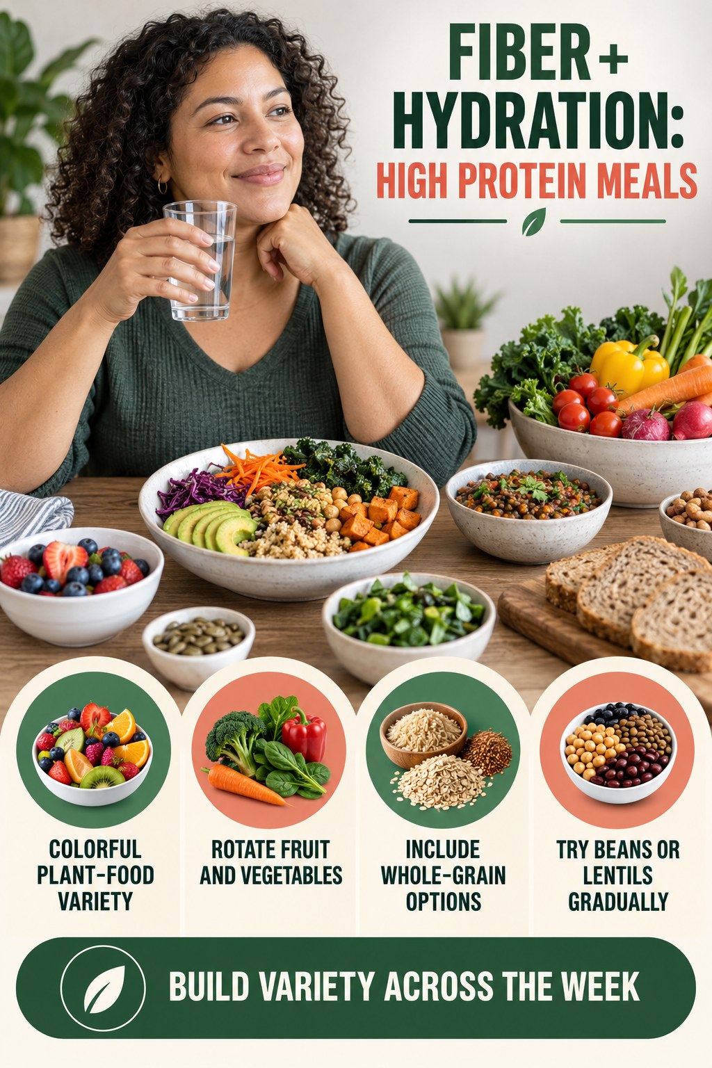 Colorful Plant-Food Variety infographic for High Protein Meals, showing gradual food-first fiber, appropriate hydration, realistic bowel routines, and safe warning boundaries.