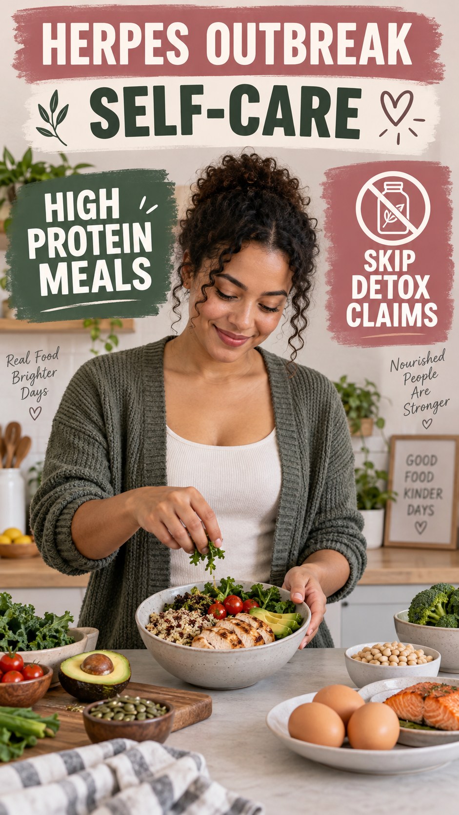 Food Myth Versus Fact infographic for High Protein Meals, presenting respectful general HSV self-care comfort, hygiene, and safety education.
