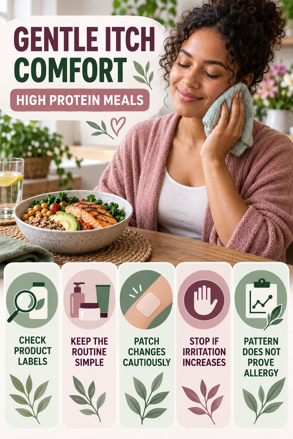 Fragrance-Free Awareness infographic for High Protein Meals with five gentle itchy-skin comfort strategies and a non-diagnostic safety focus.