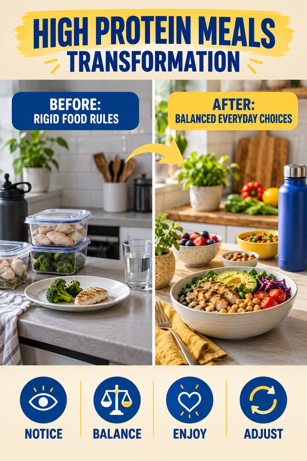 High Protein Meals habit transformation graphic comparing rigid food rules with balanced everyday choices using four practical steps.