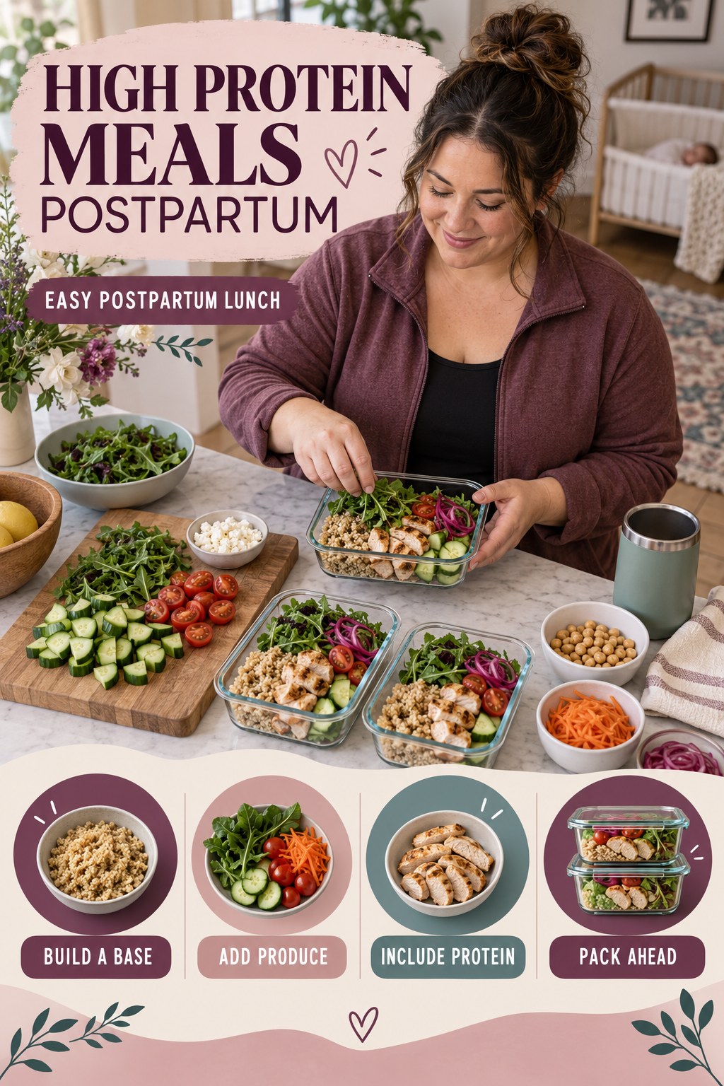 High Protein Meals postpartum graphic titled Easy Postpartum Lunch with four gradual recovery-aware prompts.