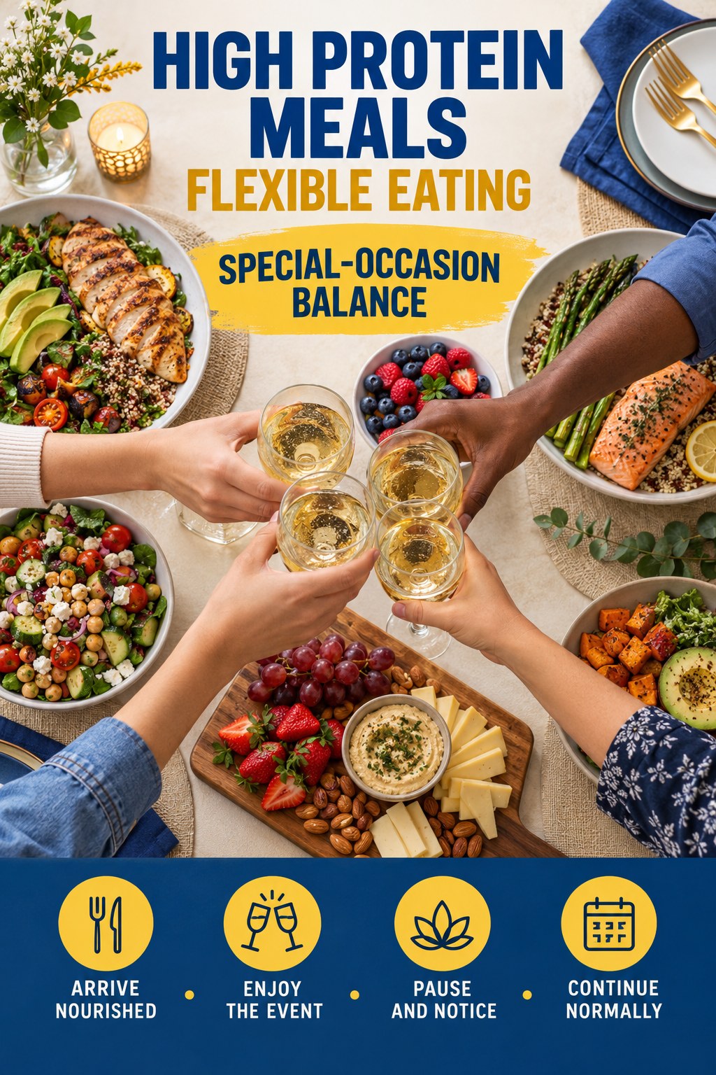 High Protein Meals flexible eating graphic titled Special-Occasion Balance with four practical balance prompts.