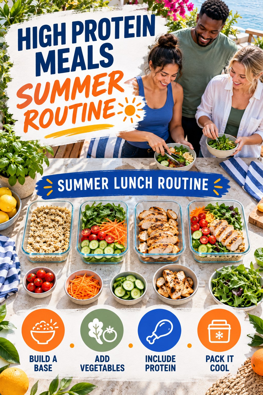 High Protein Meals summer routine graphic titled Summer Lunch Routine with four practical wellness prompts.