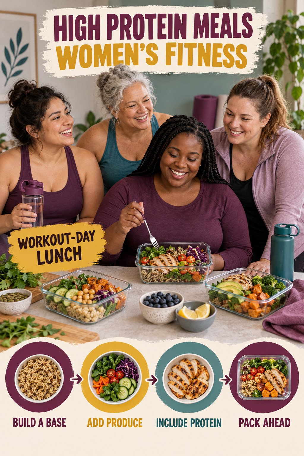 High Protein Meals women’s fitness graphic titled Workout-Day Lunch with four practical training prompts.