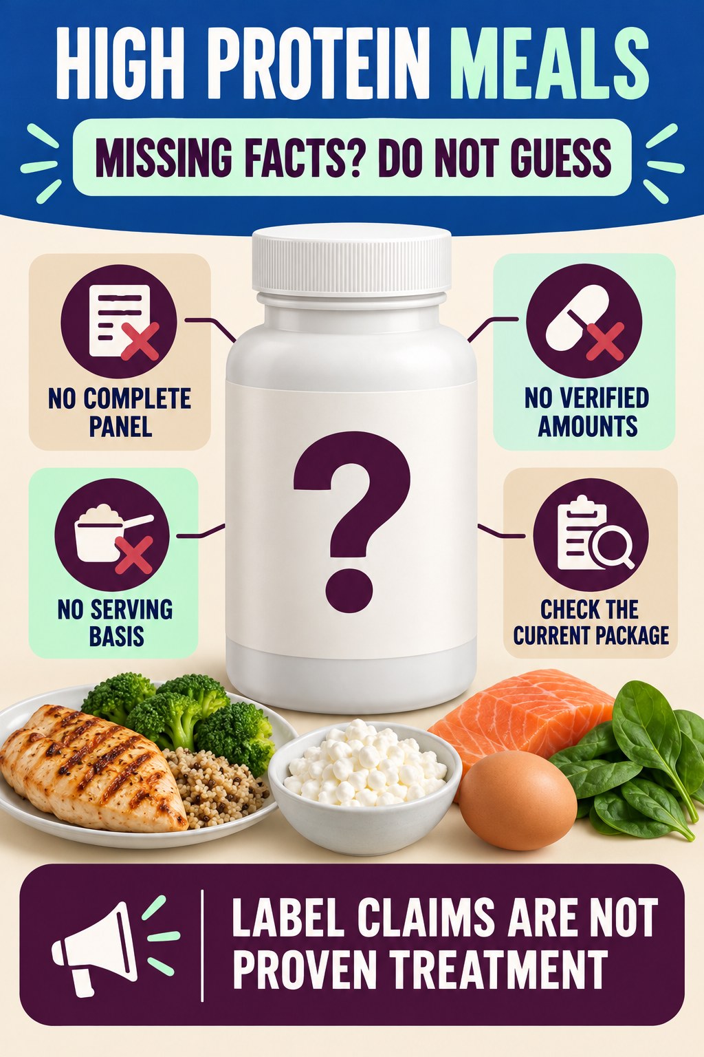 Handle a Missing Supplement Facts Panel prostate supplement label-literacy infographic for High Protein Meals with four careful reading points.