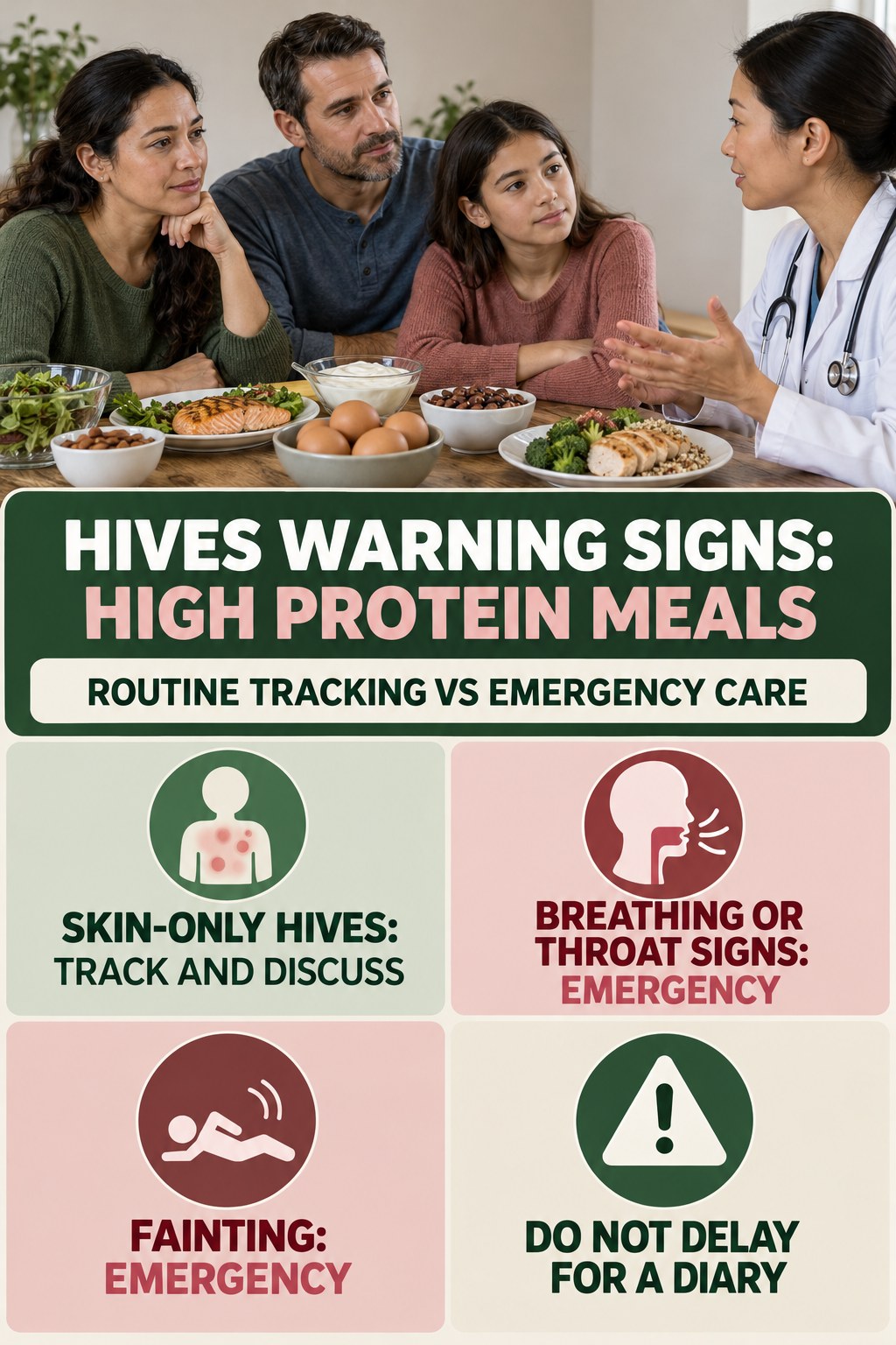 Routine Tracking vs Emergency Care infographic for High Protein Meals, highlighting urgent breathing, throat, swelling, fainting, and rapid-progression warning signs without diagnosing hives.