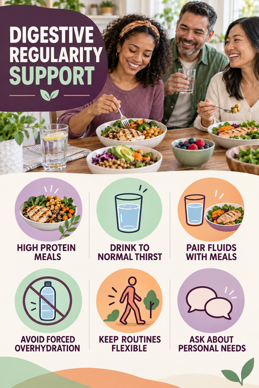 Hydration and Routine Support infographic for High Protein Meals with five practical food, hydration, movement, or routine actions and no cleanse claims.