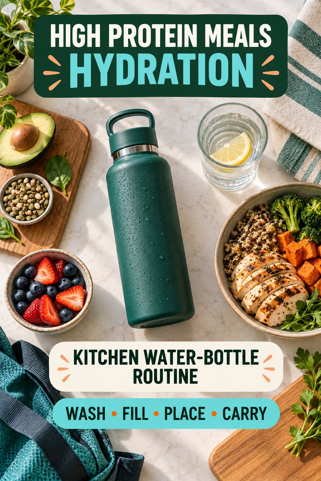 High Protein Meals hydration graphic titled Kitchen Water-Bottle Routine with four flexible water-habit prompts and no fixed intake target.