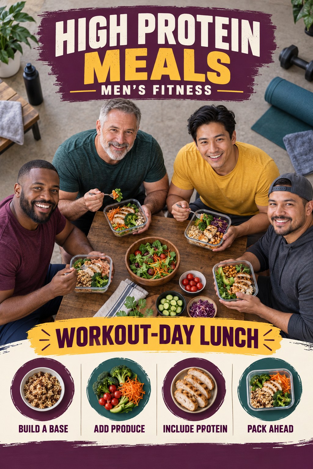 High Protein Meals men’s fitness graphic titled Workout-Day Lunch with four practical training prompts.