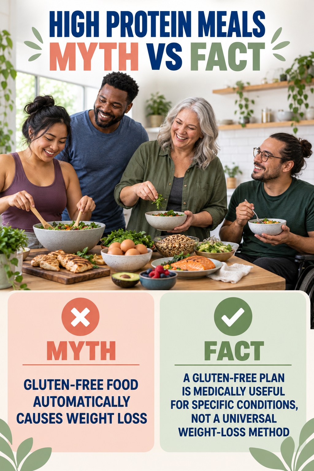 High Protein Meals Myth vs Fact graphic correcting the misconception about gluten-free eating.