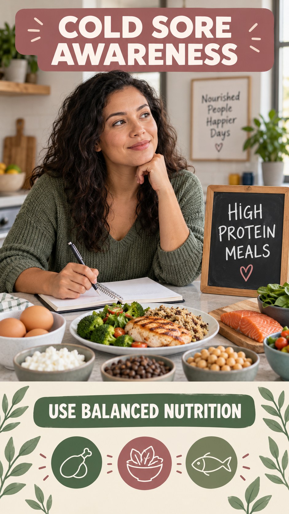 No Miracle Food Claims infographic for High Protein Meals, explaining that possible cold-sore triggers vary by person.