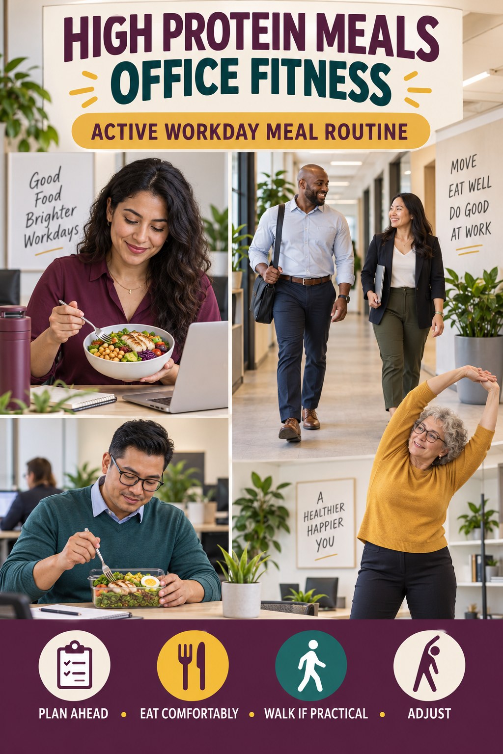 High Protein Meals office-fitness graphic titled Active Workday Meal Routine with four practical workday movement prompts.