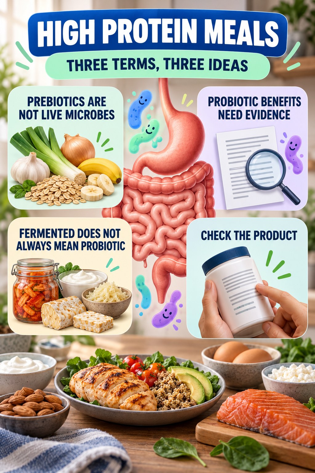 Prebiotics, Probiotics, and Fermented Foods educational infographic for High Protein Meals with four evidence-aware points.