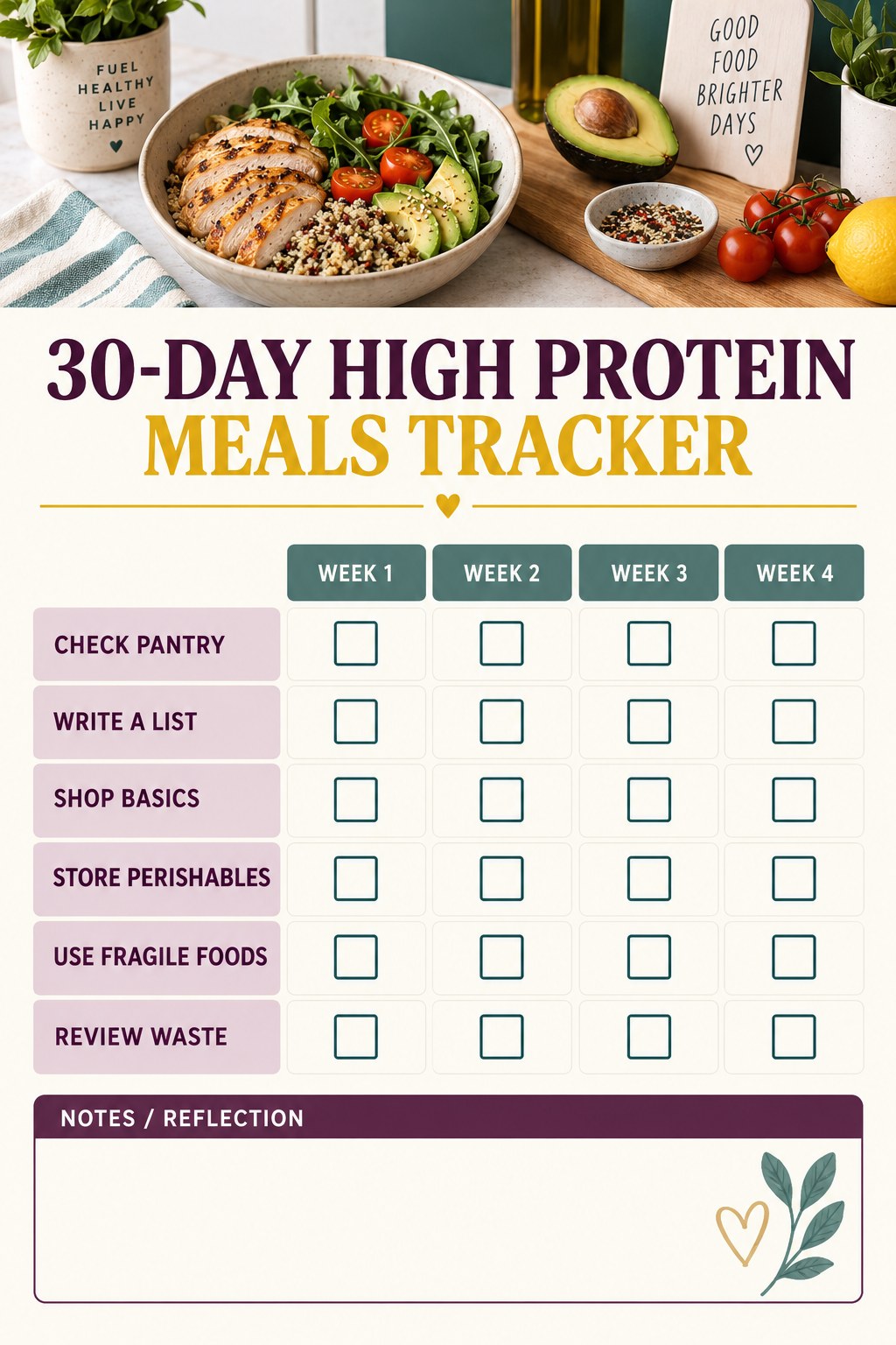 30-Day High Protein Meals printable-style tracker graphic with six labeled rows, empty checkboxes, and a reflection area.