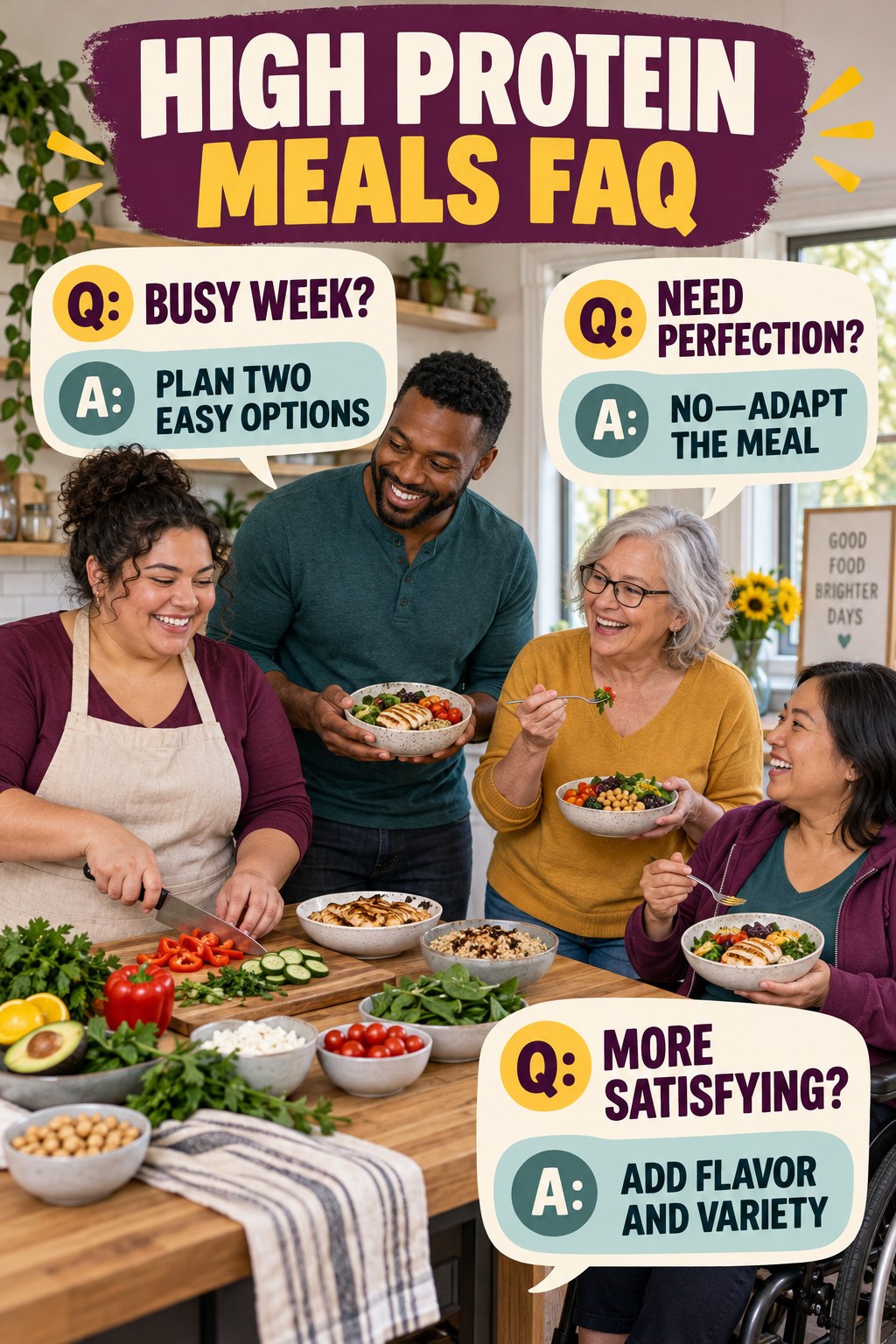 High Protein Meals FAQ graphic with three concise questions and practical answers for beginners.