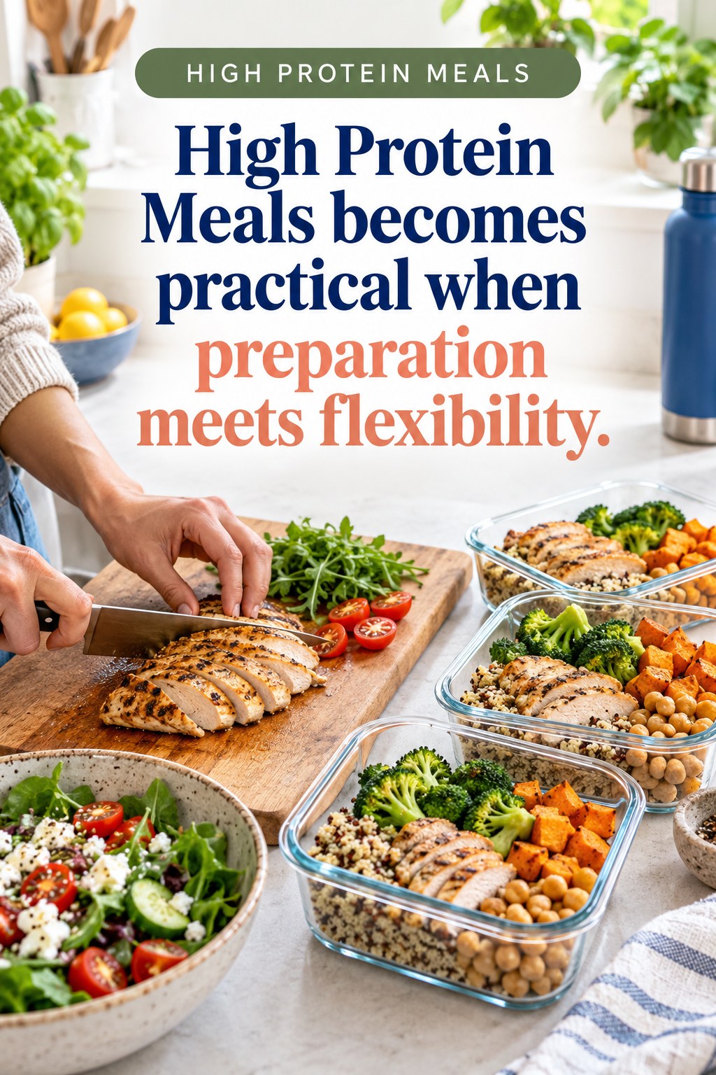 Original High Protein Meals quote graphic reading “High Protein Meals becomes practical when preparation meets flexibility.” in a board-relevant editorial design.