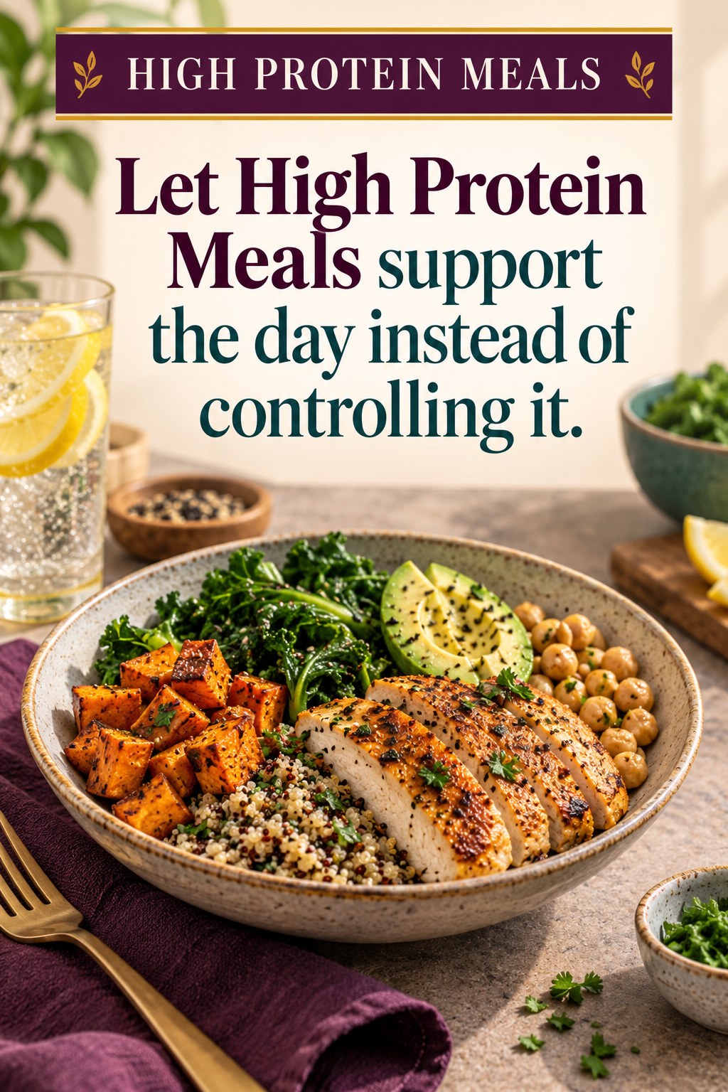 Original High Protein Meals quote graphic reading “Let High Protein Meals support the day instead of controlling it.” in a board-relevant editorial design.