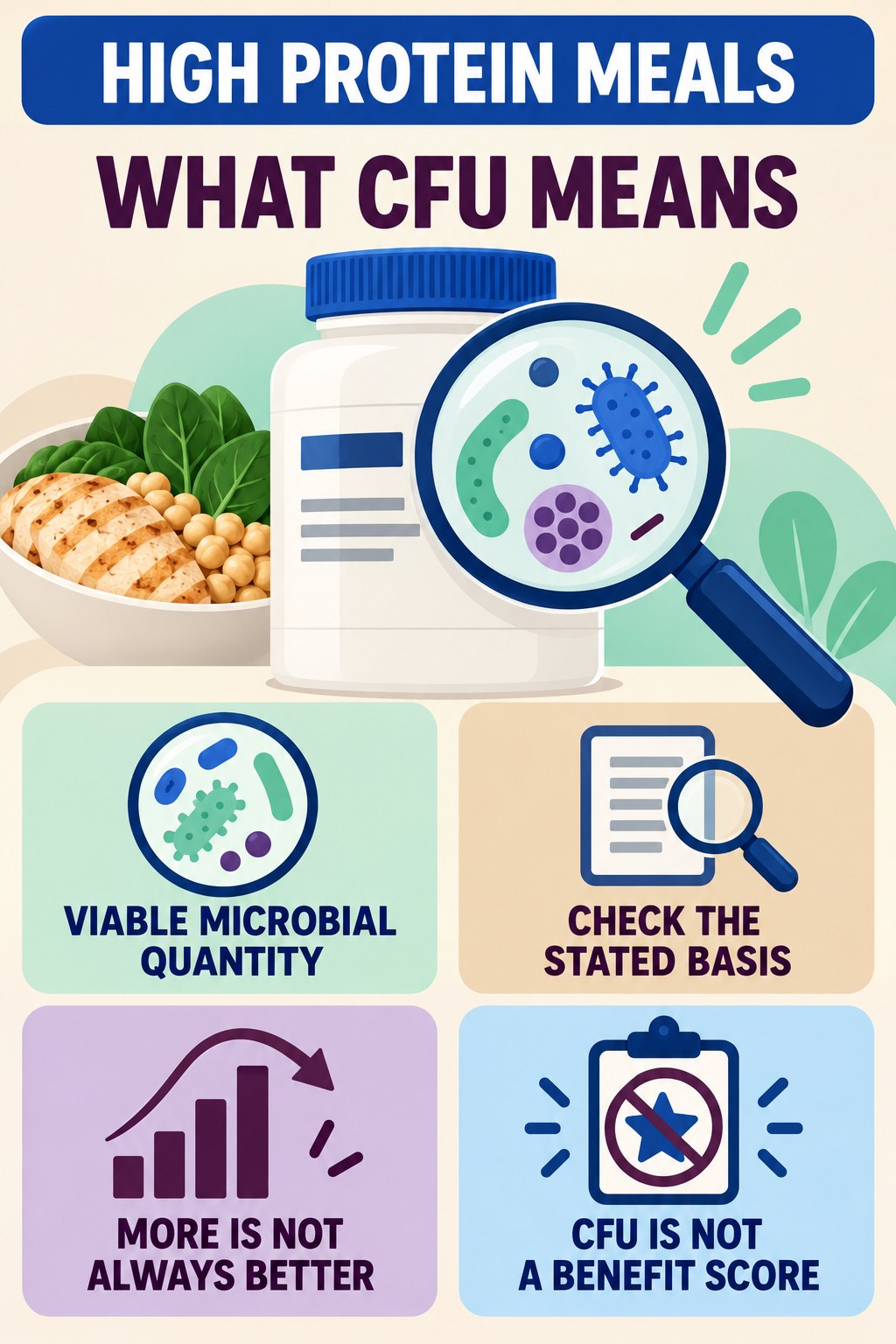 Read CFU as a Quantity, Not a Quality Score infographic for High Protein Meals with four concise probiotic-label reading points.