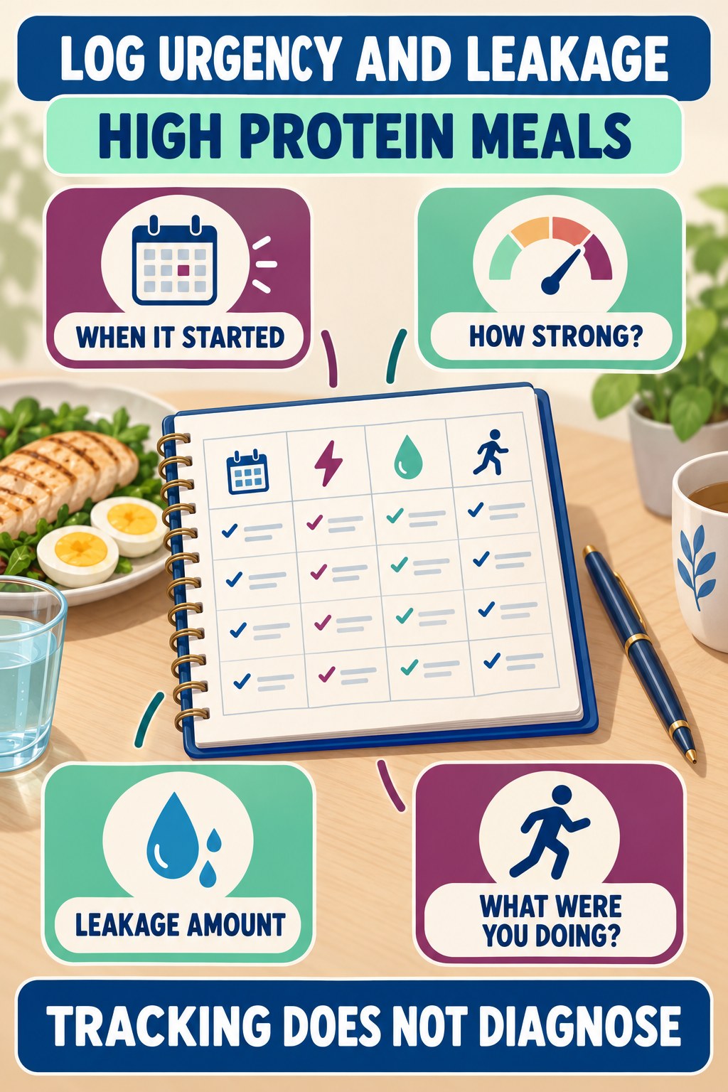 Record Urgency and Leakage Context urinary symptom tracking infographic for High Protein Meals with four practical diary points and a non-diagnostic reminder.