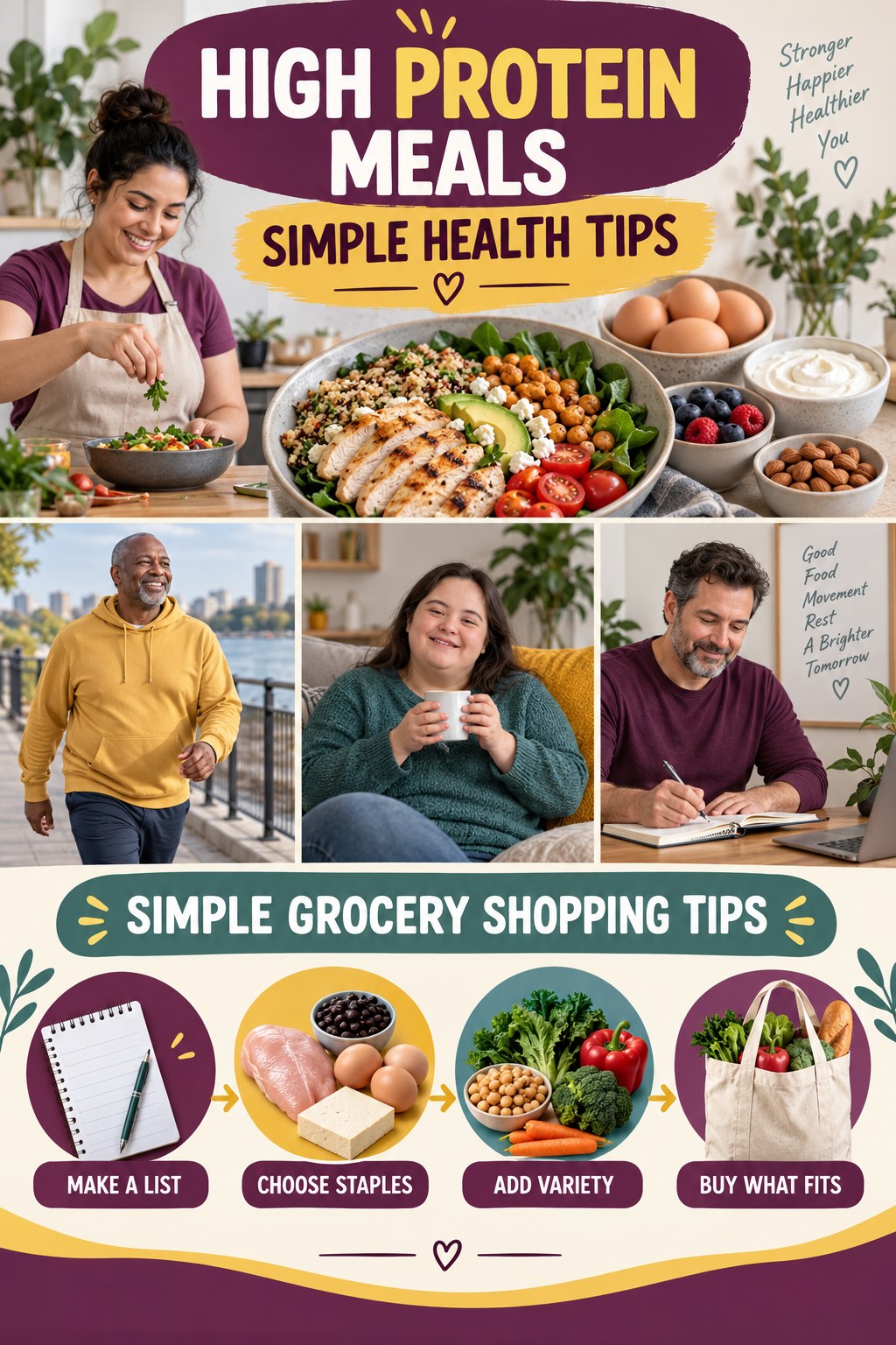 High Protein Meals simple-health graphic titled Simple Grocery Shopping Tips with four practical wellness prompts.