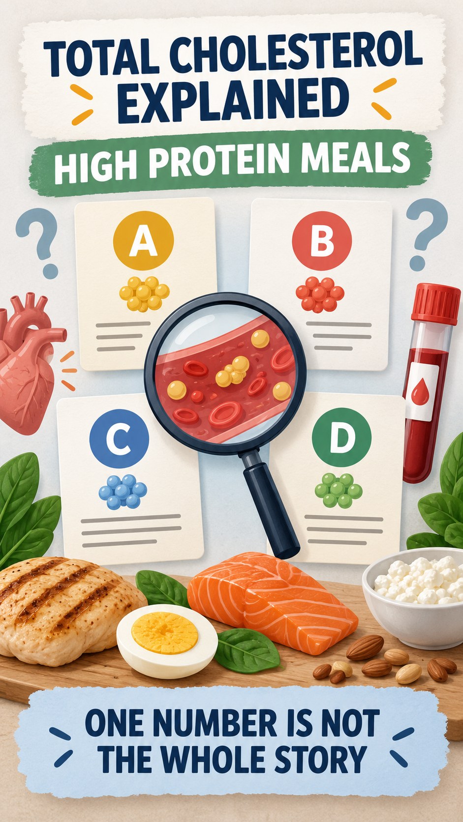 Total Cholesterol Interpretation Guide infographic for High Protein Meals, using a non-numerical educational lipid-panel layout with question and context icons.