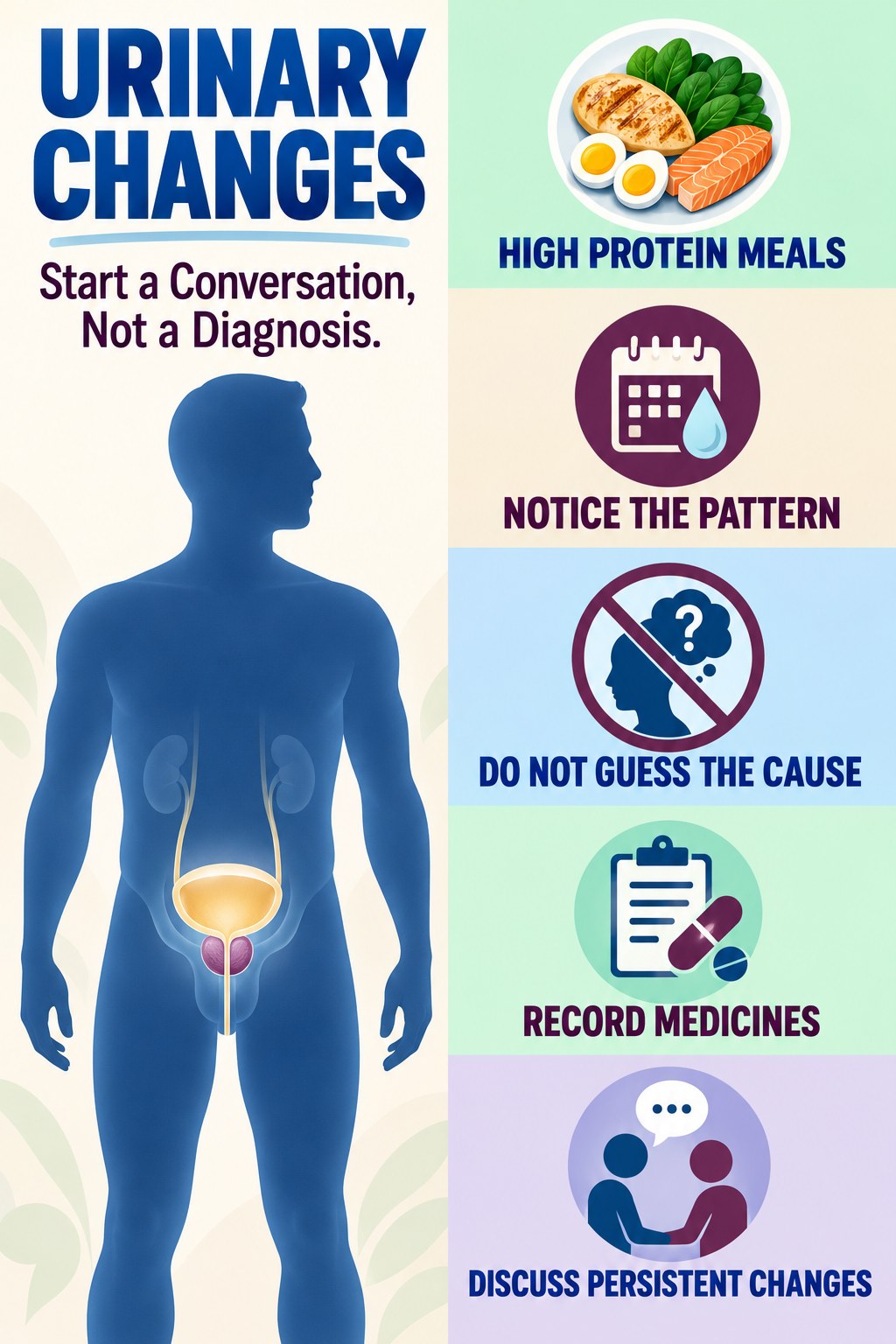 Urinary Changes Start a Conversation, Not a Diagnosis infographic for High Protein Meals with four concise prostate-health awareness points.