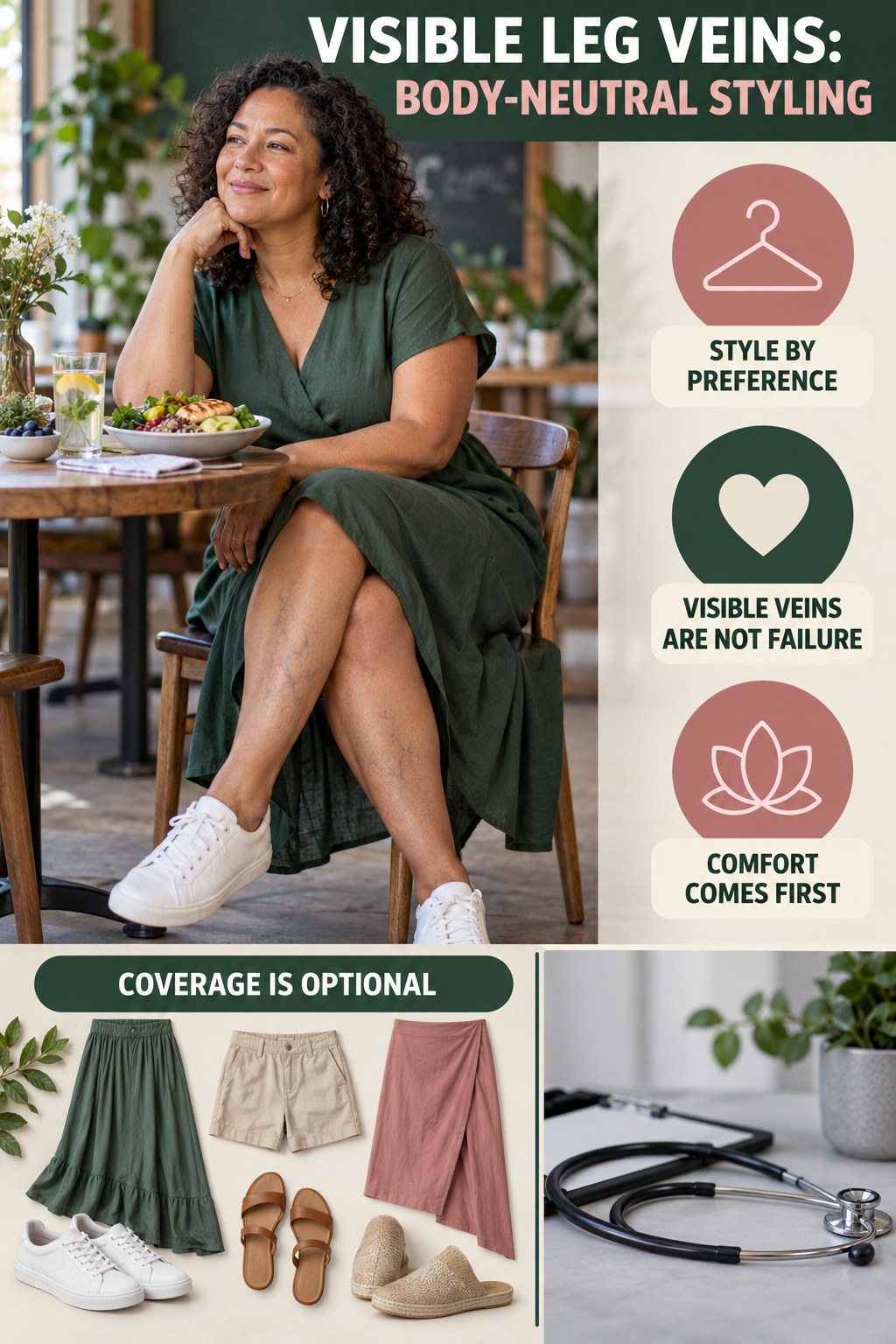 Body-Neutral Styling infographic for High Protein Meals, showing body-neutral visible-leg-vein appearance care and the boundary between temporary cosmetic support and treatment.