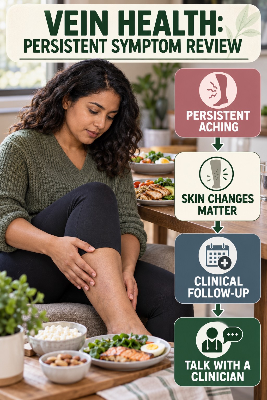 Persistent Symptom Review infographic for High Protein Meals, explaining vein-health warning signs and the appropriate next action without diagnosing a condition.