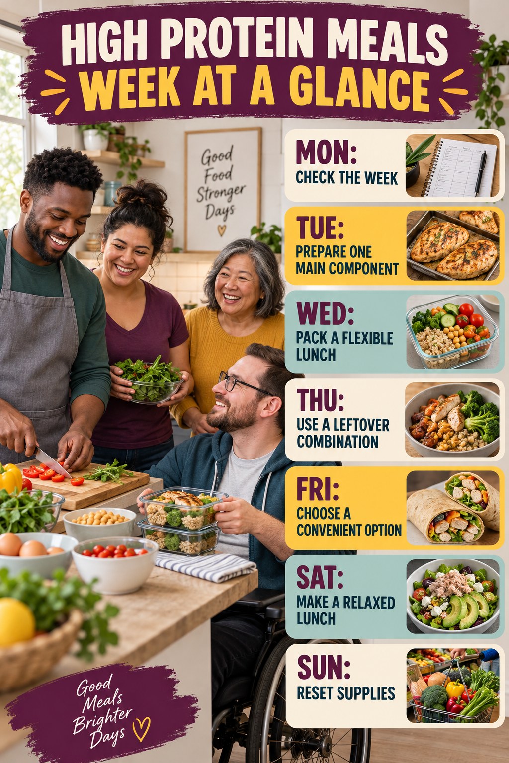 Weekly High Protein Meals plan graphic with concise Monday-to-Sunday actions and flexible recovery guidance.