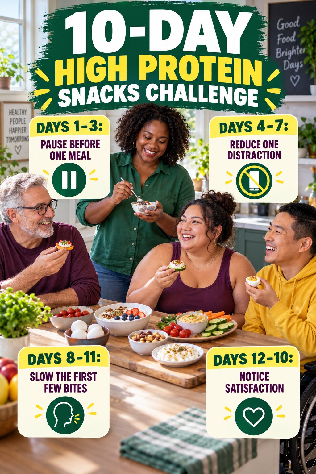 10-day High Protein Snacks challenge graphic showing four manageable milestones for consistent practice.