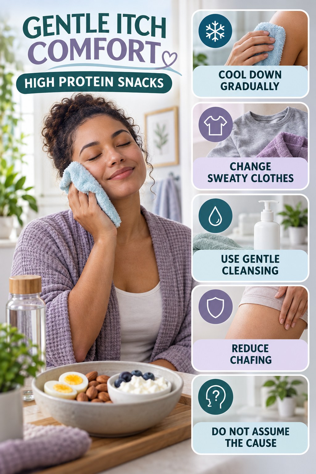 After-Activity Skin Comfort infographic for High Protein Snacks with five gentle itchy-skin comfort strategies and a non-diagnostic safety focus.