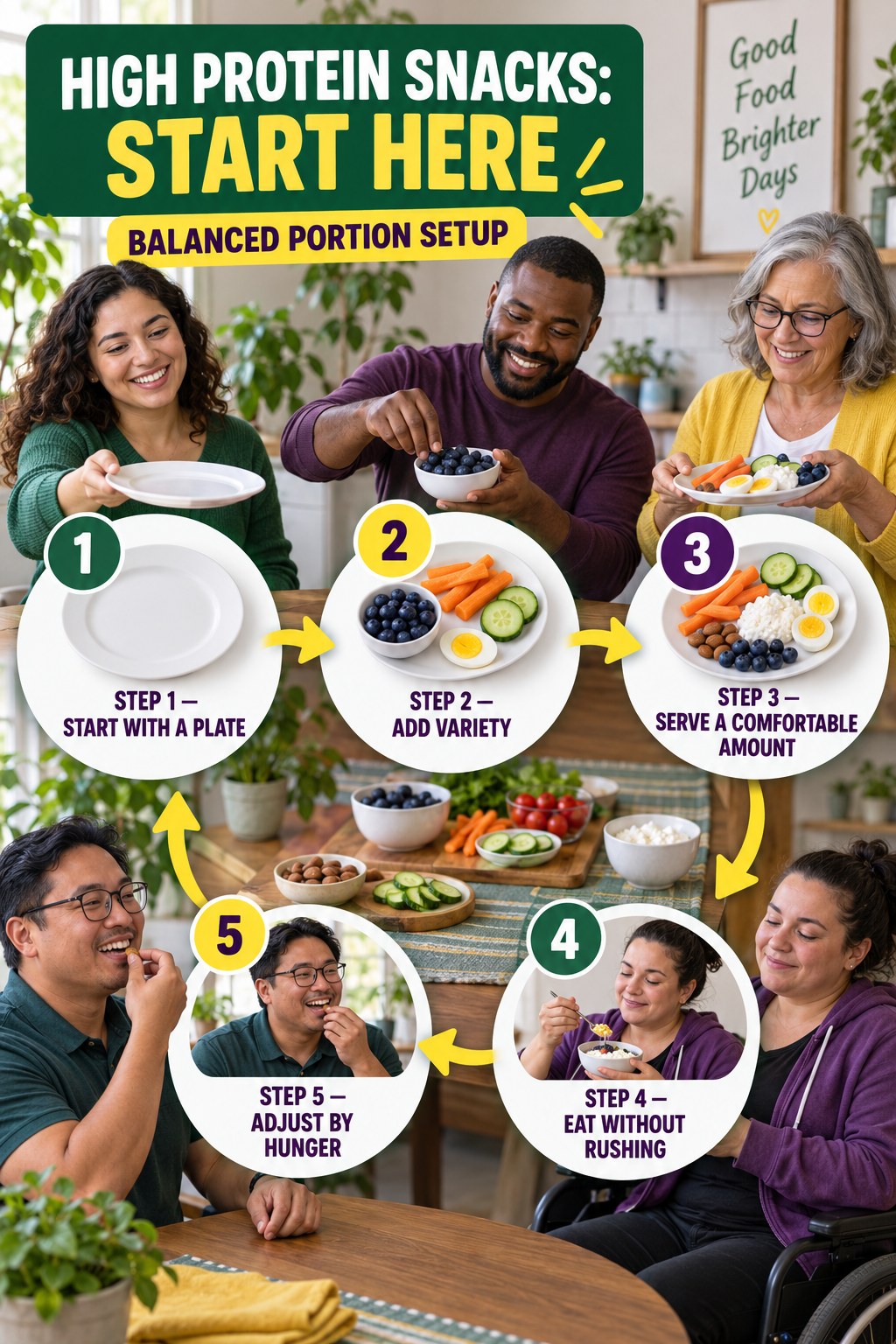 High Protein Snacks beginner guide graphic showing five manageable stages for balanced portion setup.