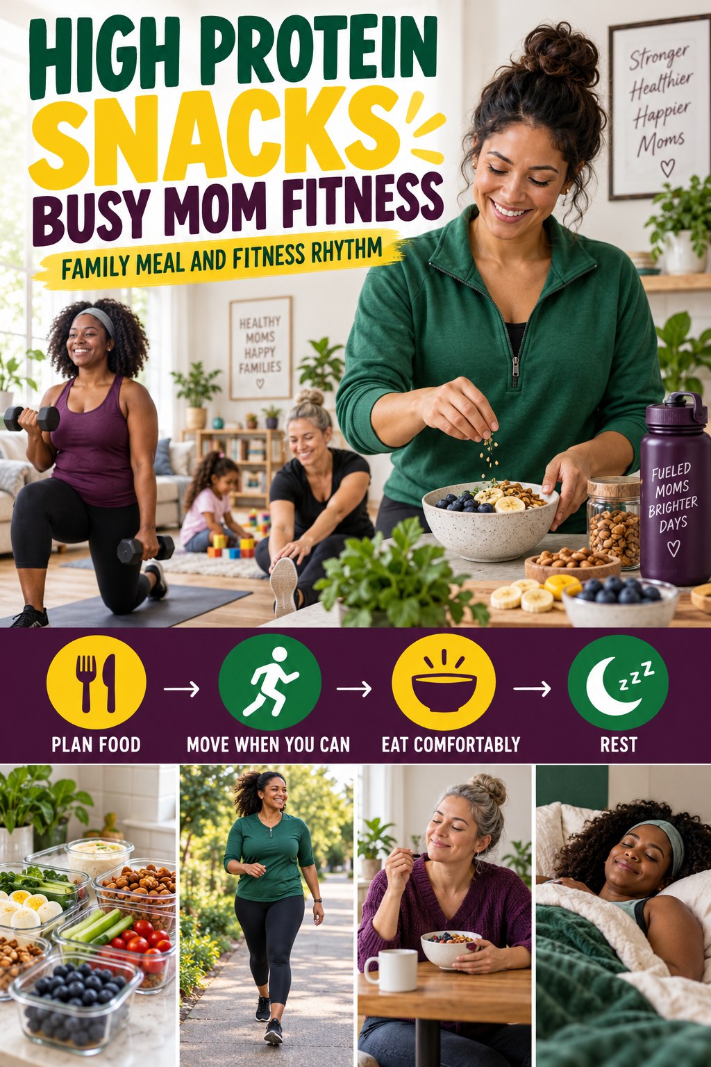 High Protein Snacks busy-mom fitness graphic titled Family Meal and Fitness Rhythm with four practical movement prompts.