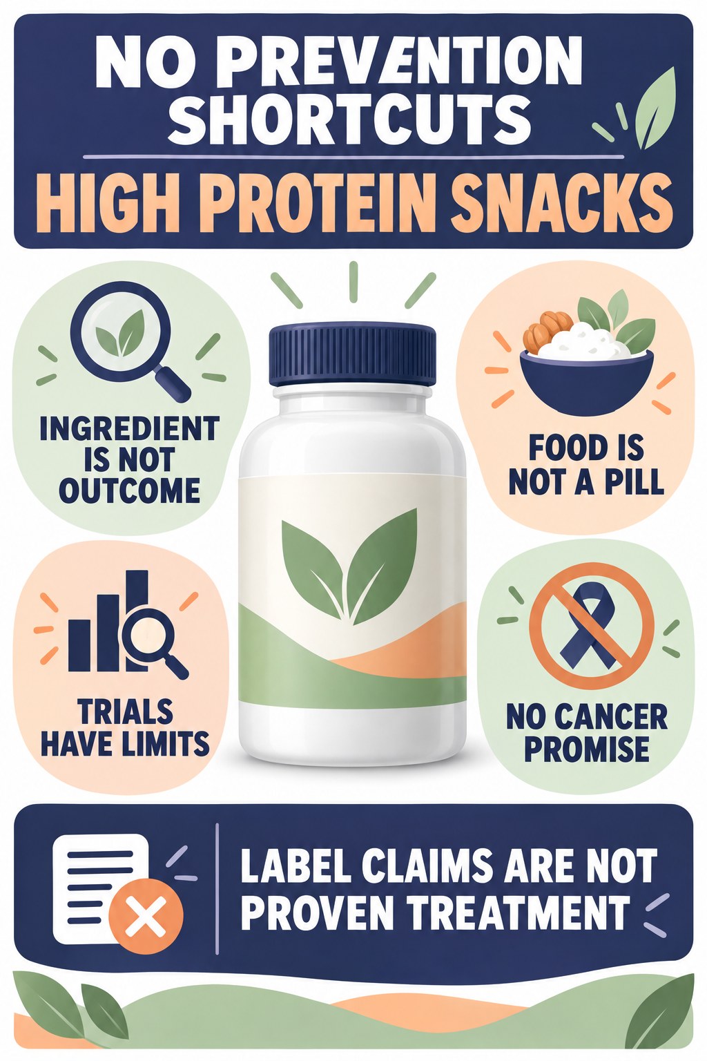 Cancer-Prevention Claims Need Strong Evidence prostate supplement label-literacy infographic for High Protein Snacks with four careful reading points.