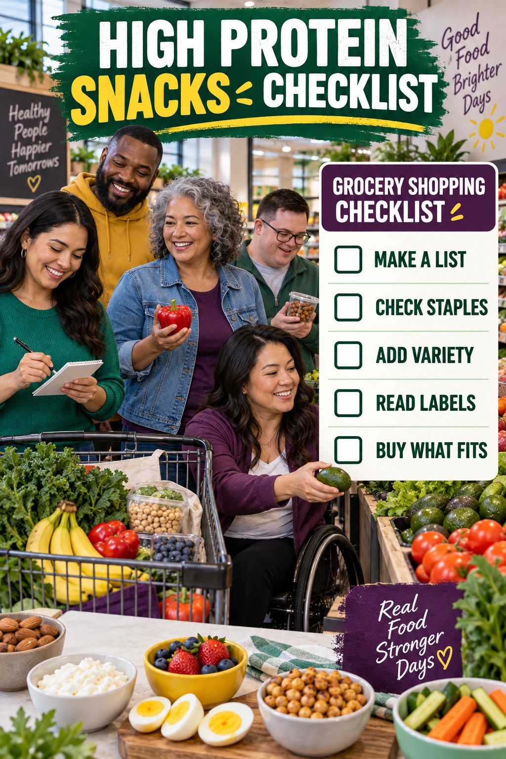 High Protein Snacks checklist graphic titled Grocery Shopping Checklist with five clear practical wellness items.