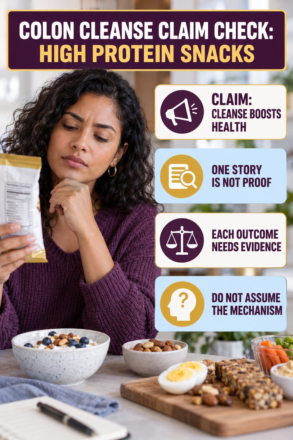 Skin, Energy, and Immunity Claims infographic for High Protein Snacks, separating a colon-cleanse marketing claim from evidence, reasonable conclusions, and safety context.