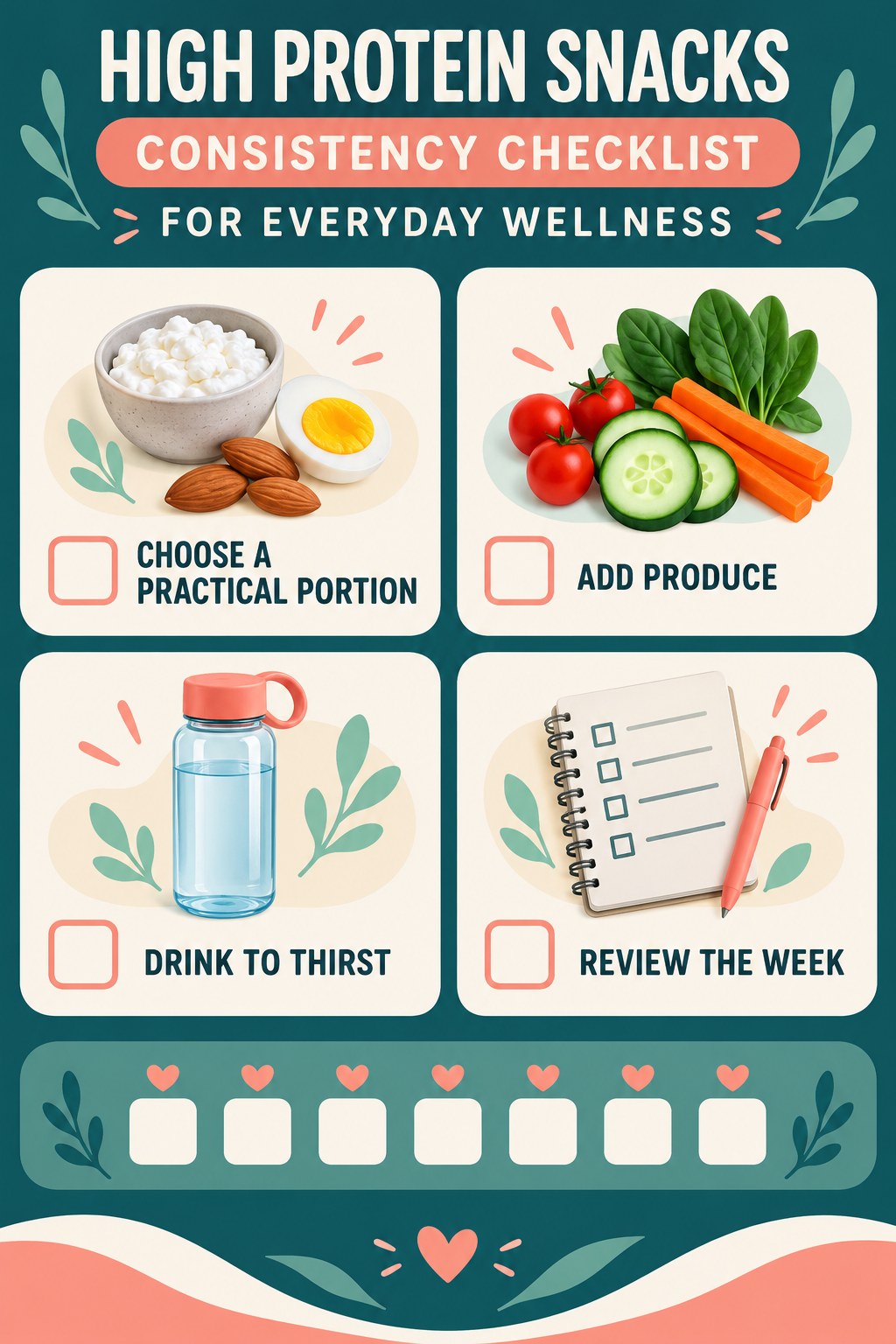High Protein Snacks Consistency Checklist for Everyday Wellness infographic with checkboxes for choose a practical portion, add produce, drink to thirst, review the week.