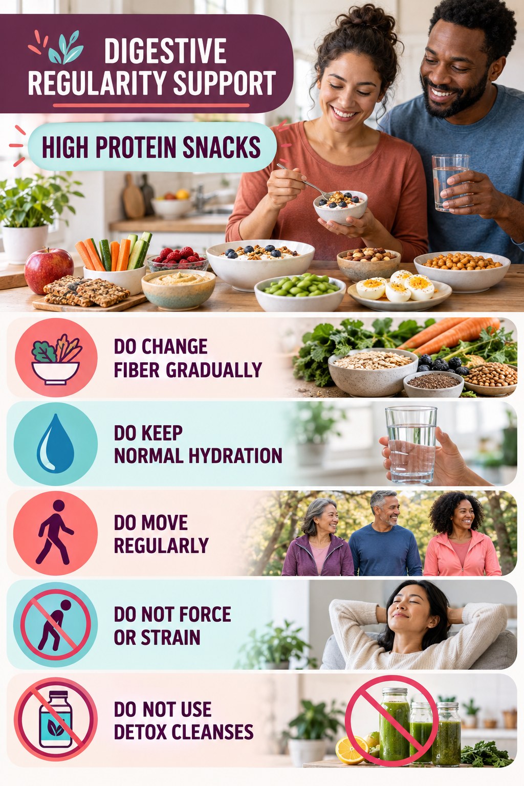Digestive Wellness Do and Do Not infographic for High Protein Snacks with five practical food, hydration, movement, or routine actions and no cleanse claims.