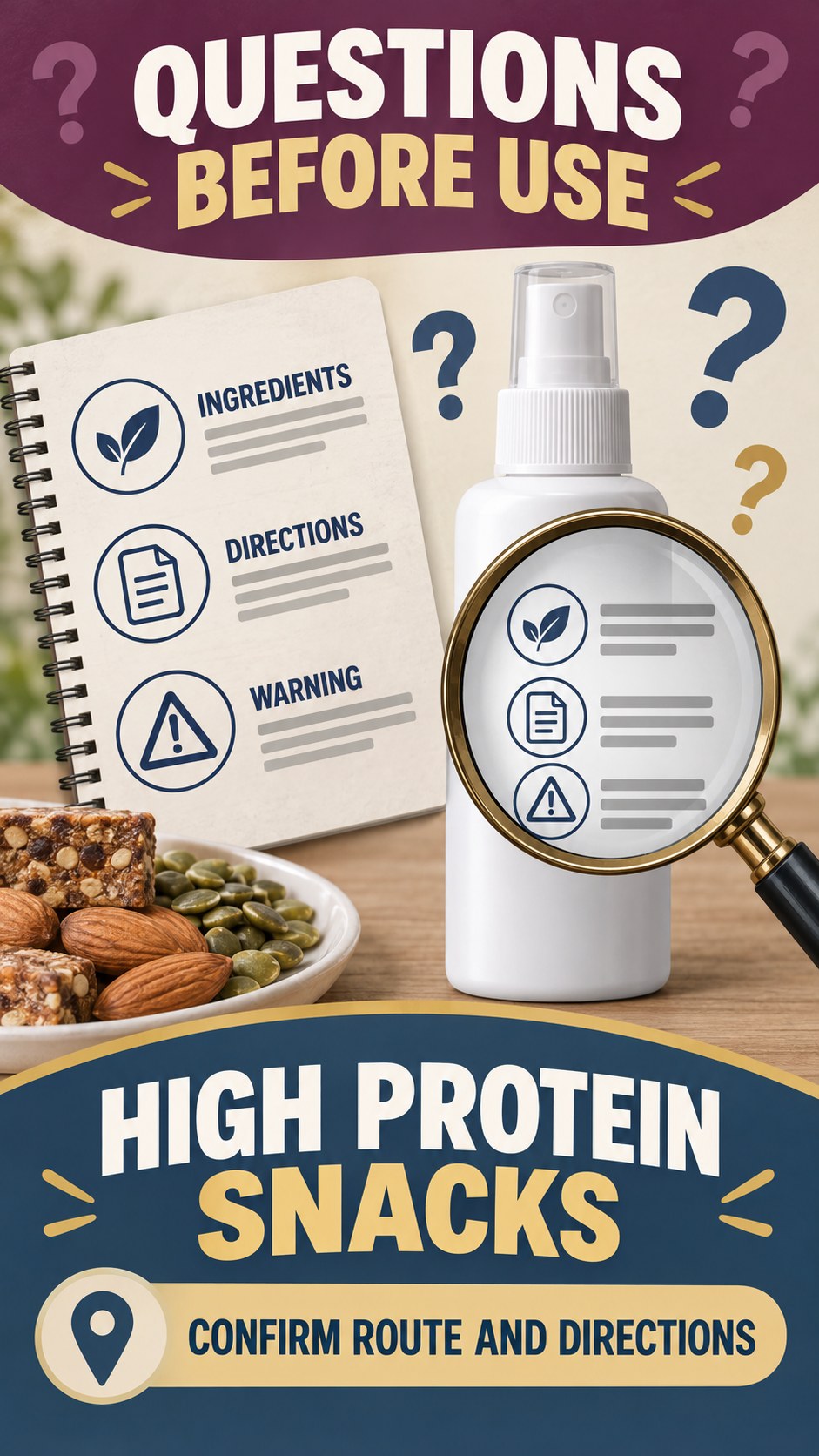 Directions and Route Review infographic for High Protein Snacks, showing a generic spray-label checklist that separates available facts, missing details, and evidence questions.