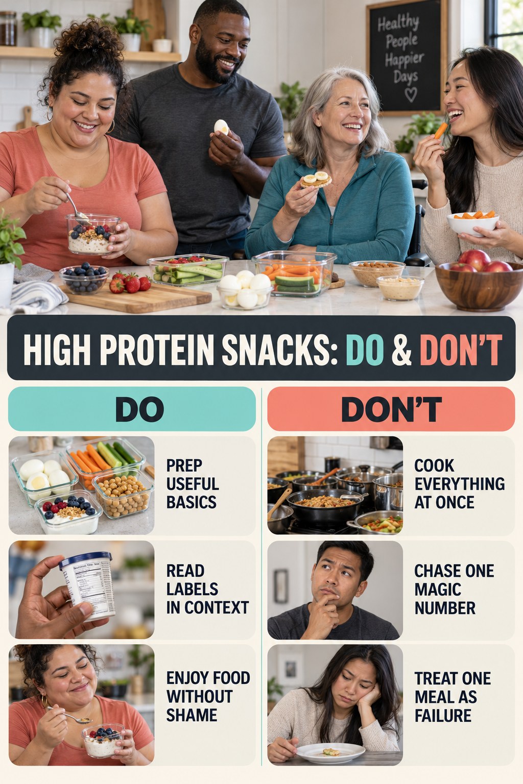 High Protein Snacks Do and Don’t comparison graphic showing three practical behavior pairs for simple cooking.