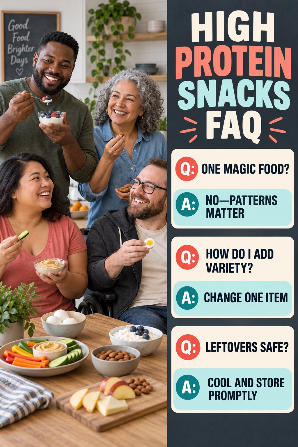 High Protein Snacks FAQ graphic with three concise questions and practical answers for beginners.