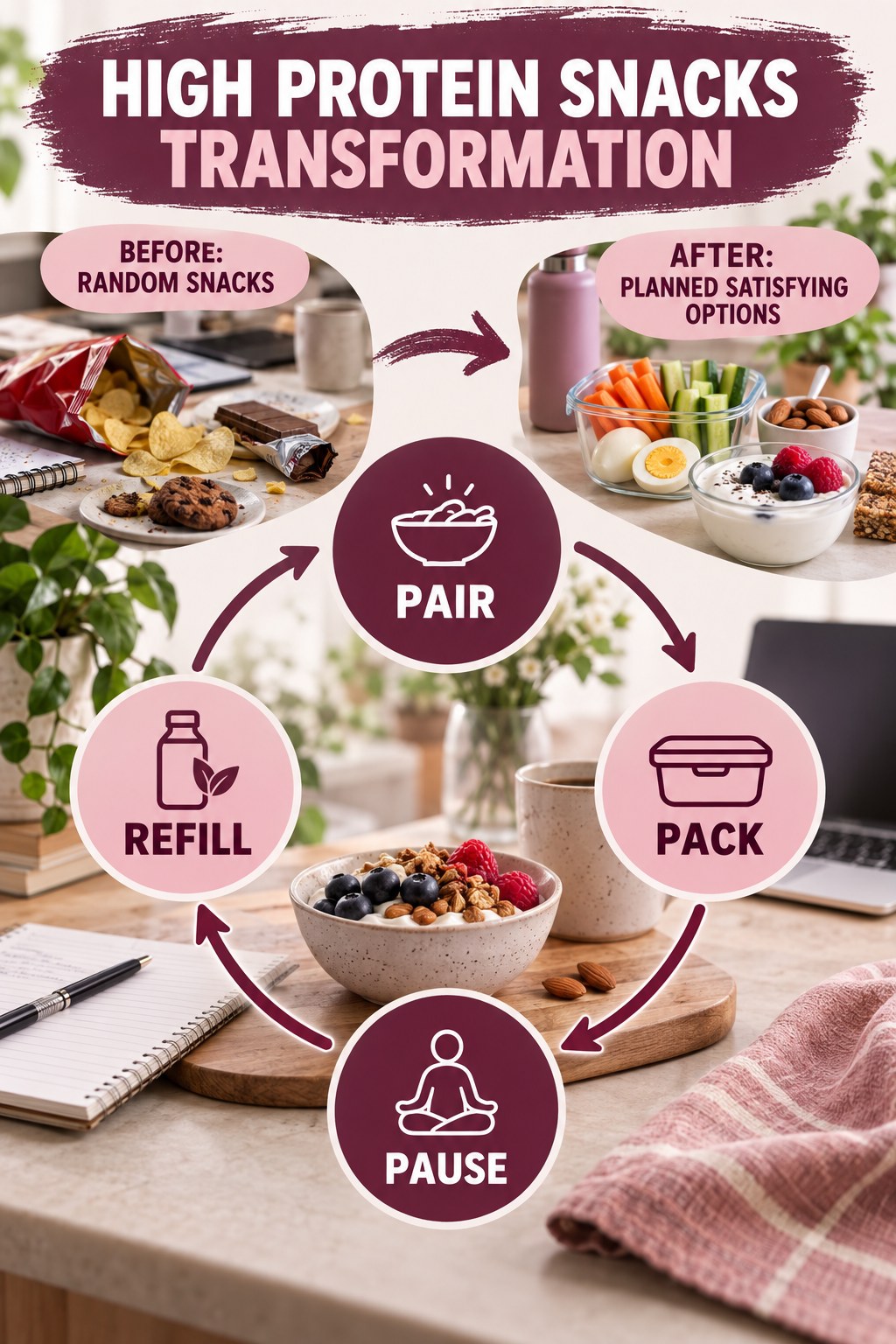 High Protein Snacks habit transformation graphic comparing random snacks with planned satisfying options using four practical steps.